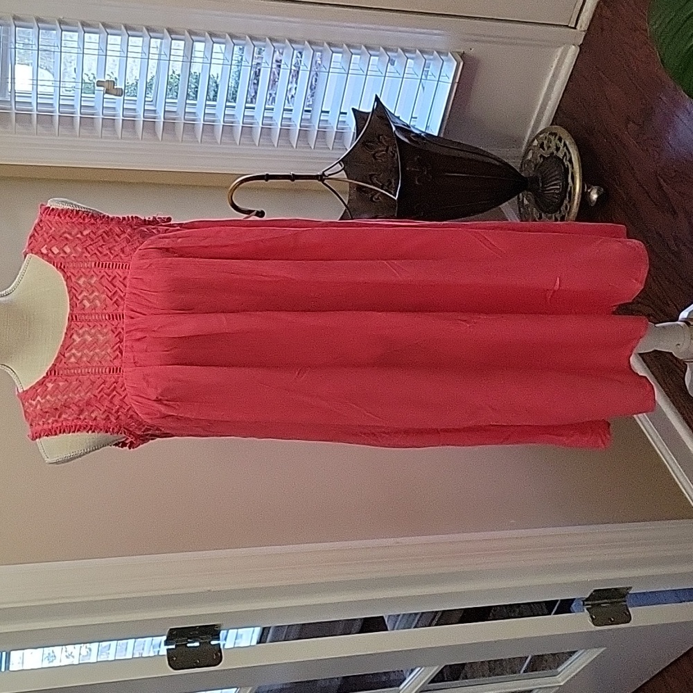 New Directions pink coral dress gauze lace rayon sleeveless attached slip S New…